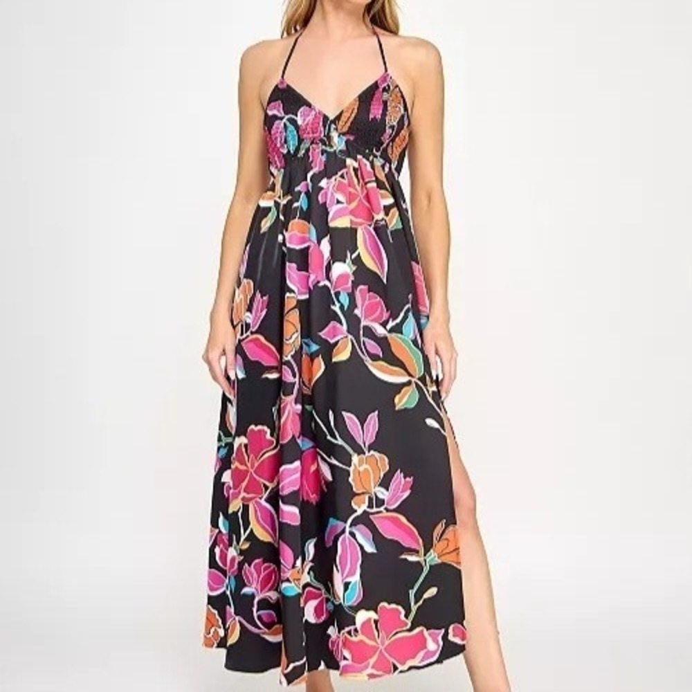 Invitee Smocked Bodice Slit Front Tropical Floral Maxi Dress Juniors Size M NWT
